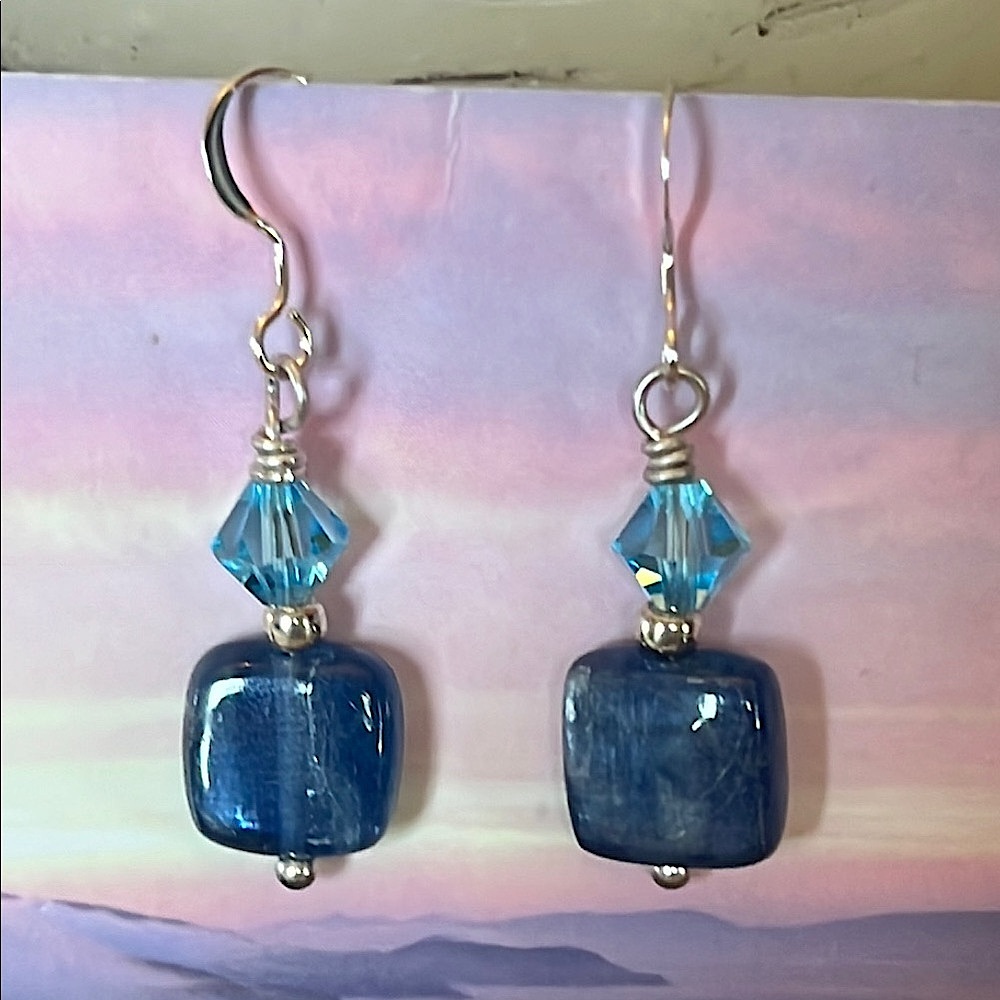 Handcrafted Kyanite and Aqua Blue Swarovski Dangle Earrings